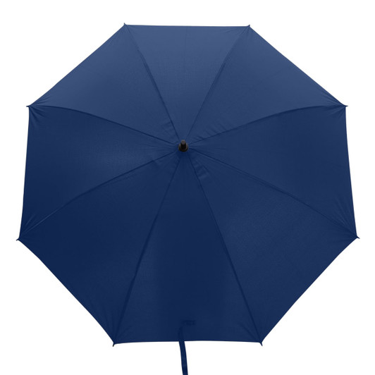 A navy blue umbrella with a smooth canopy and a central handle. It features a branding logo.