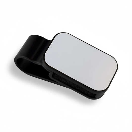 A black car visor sunglass holder with a smooth surface and a clip for attachment.