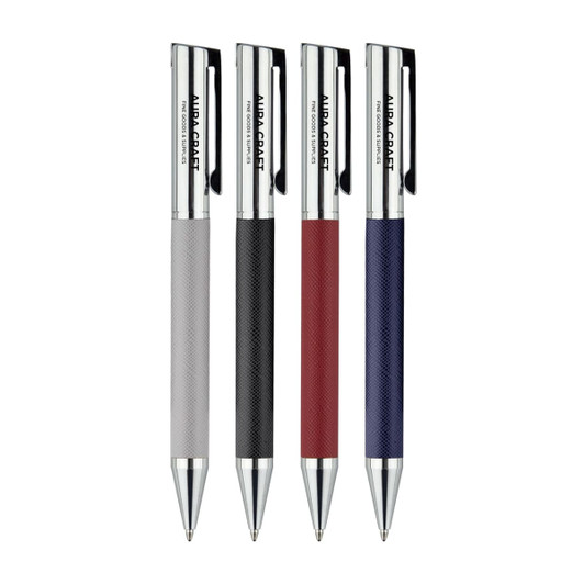 Four Geneva Metal Pens in grey, black, red, and blue, featuring sleek designs and a branding logo.