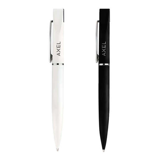 A set of two pens in white and black, each featuring a silver clip and branding on the barrel.
