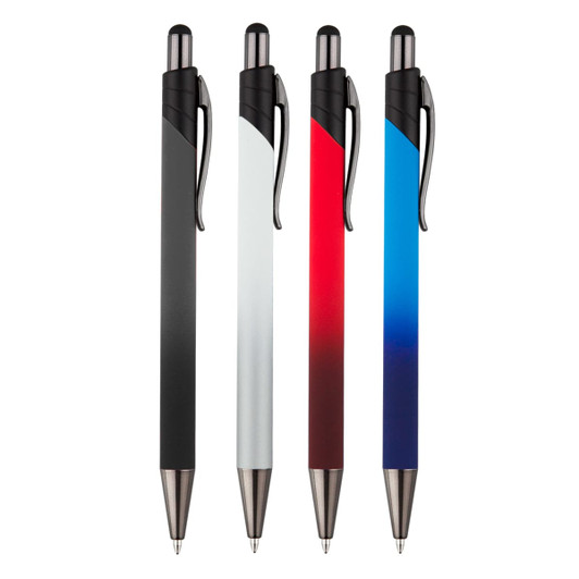 A set of four Volcano Stylus Metal Pens in black, white, red, and blue gradients with metal accents.