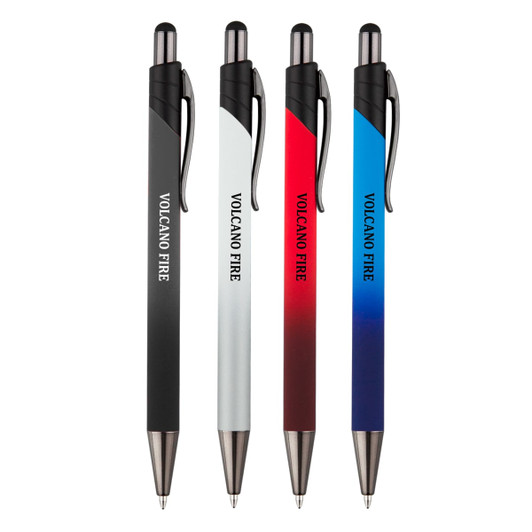 A set of four metal pens in black, white, red, and blue, featuring a logo on each pen.
