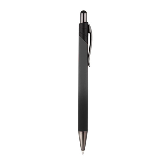 A black metal pen with a sleek design and a clip, featuring a silver tip. It has a logo on the barrel.