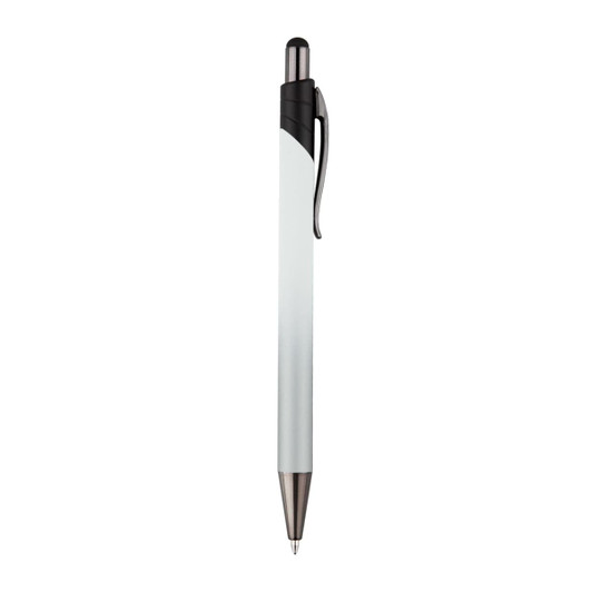 A metal pen with a sleek white barrel and black accents, featuring a clip and shiny silver tip.