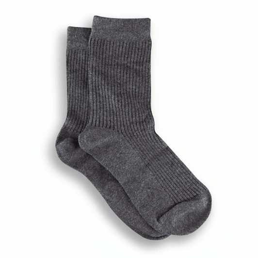 A pair of grey ribbed socks showcasing a soft texture and comfortable design. The product has a logo.