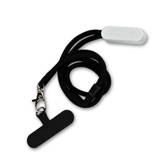 A black phone holder lanyard with a white attachment and a clip for secure fastening.