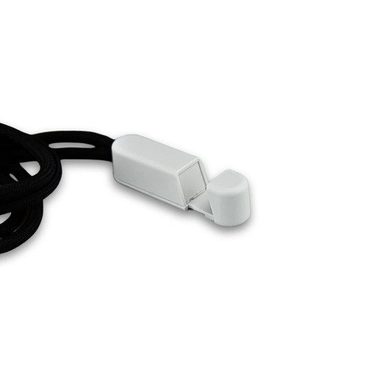 A black lanyard with a white phone holder attached at one end.