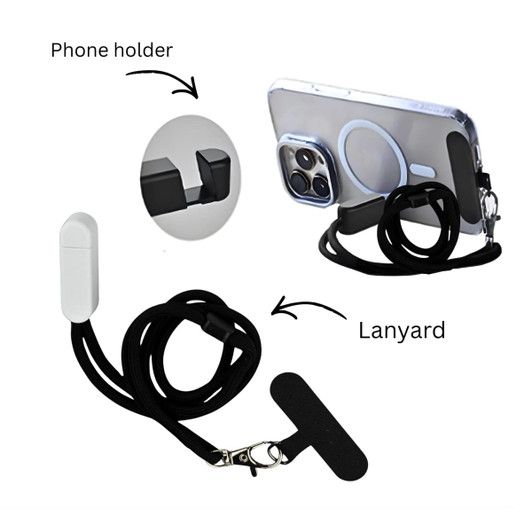A phone holder with a black lanyard, featuring a white attachment for securing a mobile device.