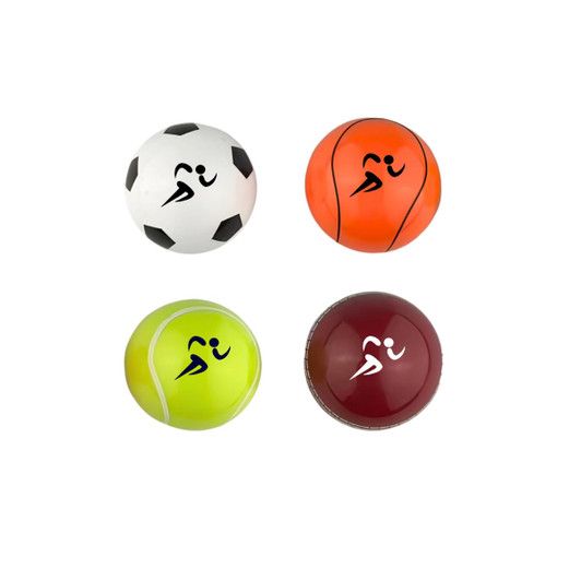 A set of four balls designed as fidget spinner pens: a football, basketball, tennis ball, and a maroon ball, each with a logo.