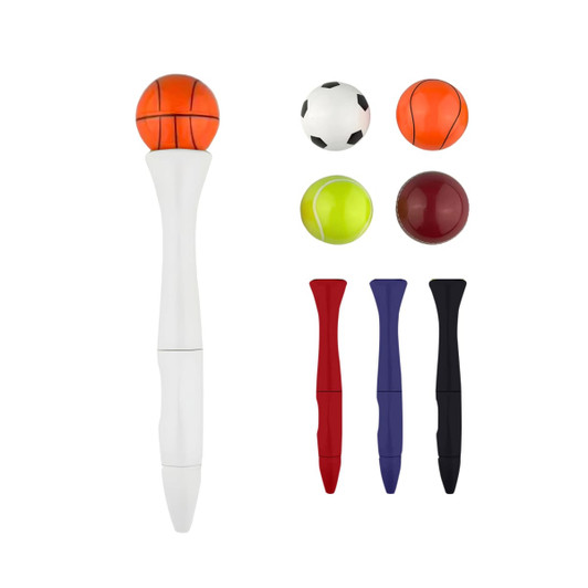 A white pen with a fidget spinner top featuring a basketball, soccer ball, tennis ball, and solid colour balls in red, purple, and black.