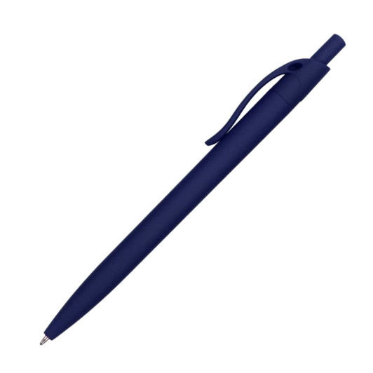 A navy blue plastic pen with a smooth finish and a clip for easy attachment. It features a branding logo.