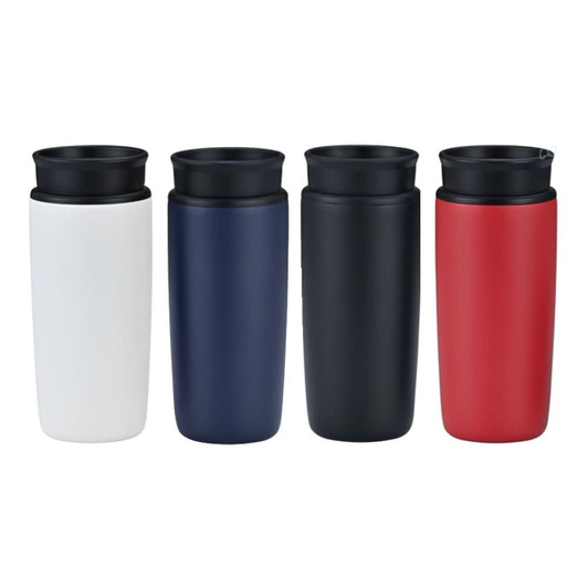 A drink bottle set featuring four stainless steel vacuum mugs in white, navy, black, and red, each with a black lid.