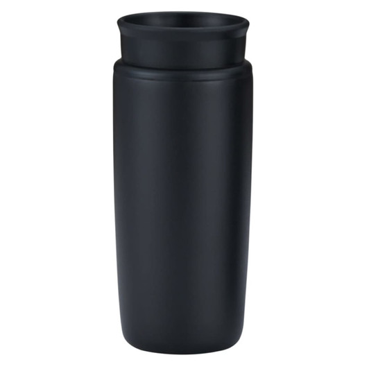 A stainless steel vacuum mug in matte black finish with a simple design and a logo. Ideal for travel use.
