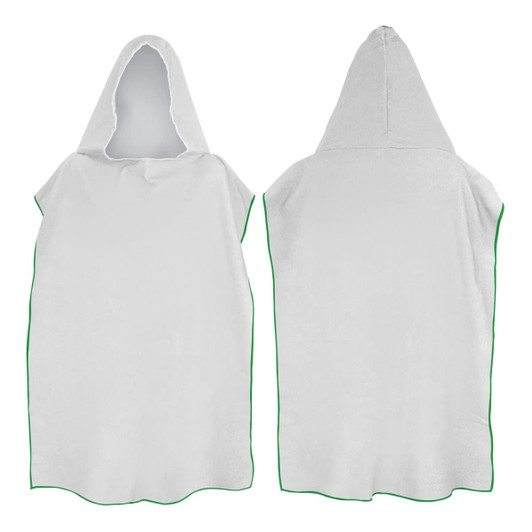 A white adult hooded towel with green trim, featuring a spacious design and a hood. It has a logo on it.