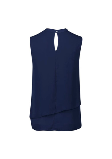 A navy sleeveless blouse featuring a layered design and a keyhole back detail, with a logo present.