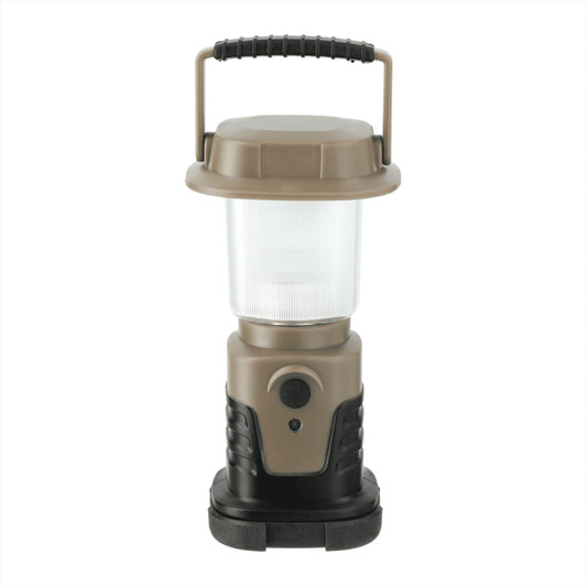 A mini camping lantern in tan and black, featuring a handle and a push button. It has a logo on the base.