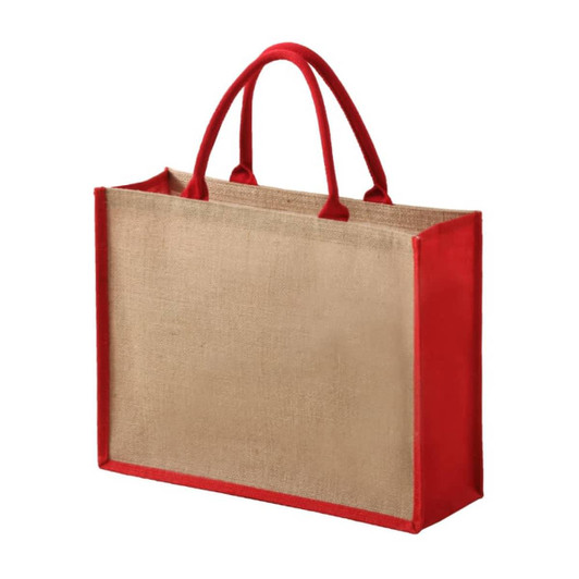 A tote bag featuring a natural linen body with bright red handles and trim. It has a plain design and no visible branding.