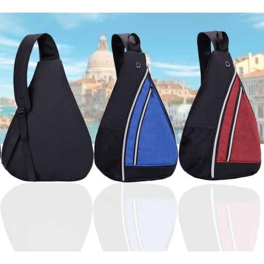 A backpack in black, blue, and red colours, featuring a logo and a unique angled design.