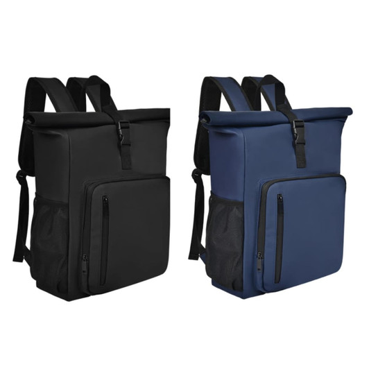 A backpack in black and navy, featuring adjustable straps, a front pocket, and a logo.