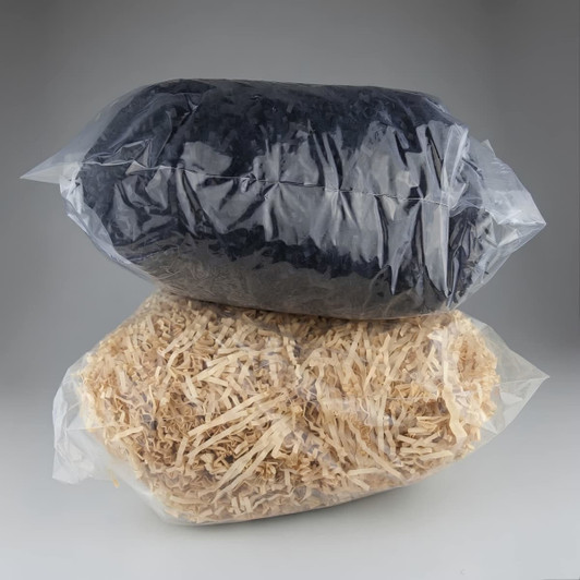 Two bags of shredded filler: one black and one natural beige, sealed in clear plastic packaging.