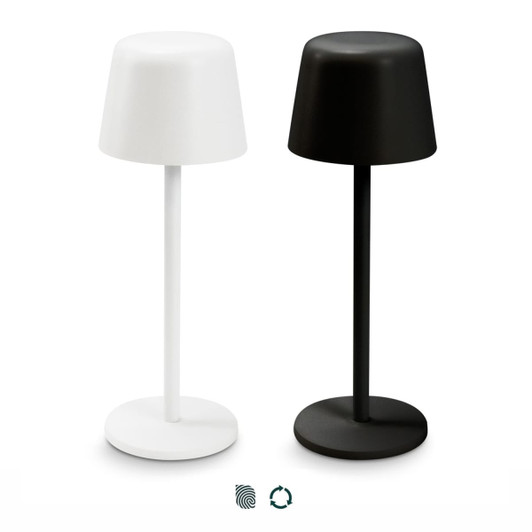 Two rechargeable table lamps are displayed: one in white and one in black, each with a minimalist design.