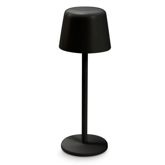A black rechargeable table lamp with a rounded shade and a slim base. It features a sleek, modern design.
