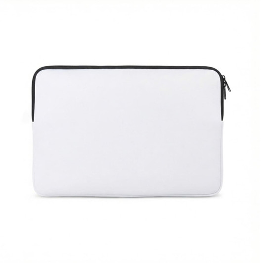 A white laptop sleeve with a black zip and a simple, sleek design. It features a logo on the surface.