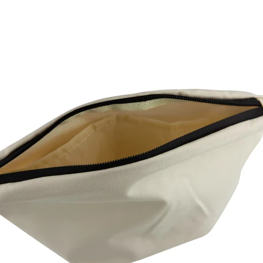 A large cream cosmetic bag with a black zipper, featuring a spacious interior. It includes a logo on the exterior.