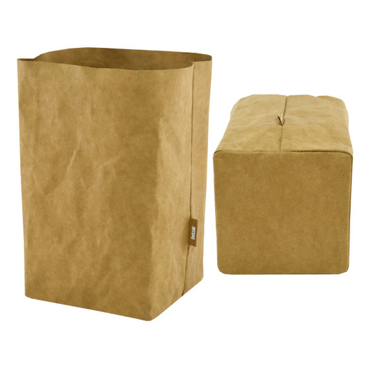 A large, brown kraft paper storage bag with a simple, rectangular design and a visible logo.