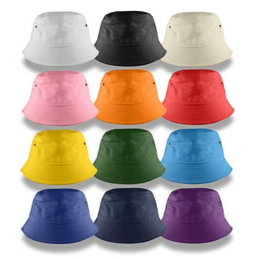 A collection of bucket hats in various colours, including black, pink, orange, green, and blue, with logo branding.