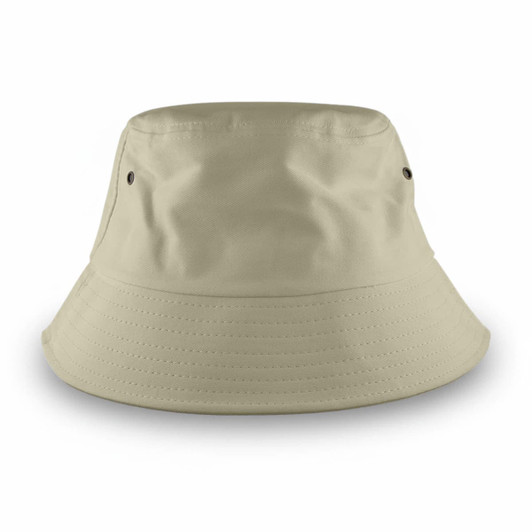 A beige bucket hat with ventilation eyelets and a wide brim. It features a logo on one side.