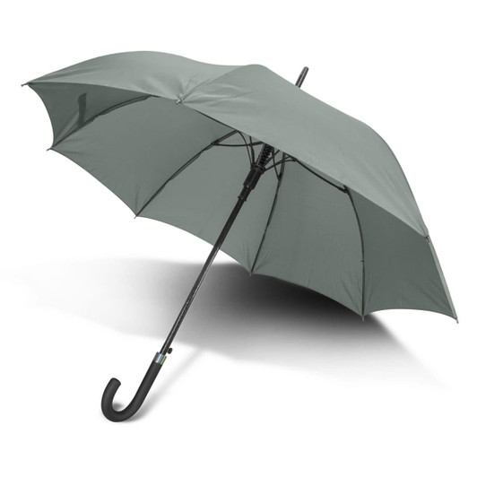 A green Pegasus Hook Umbrella featuring a curved handle and a sturdy black frame.