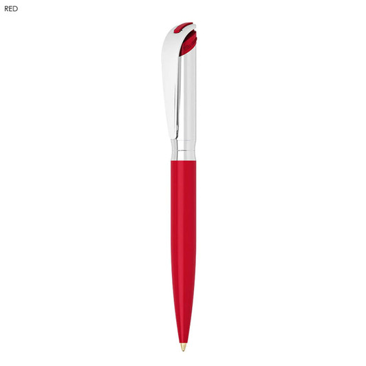 A red metal ballpoint pen with a silver clip and tip, featuring a sleek design and a logo.