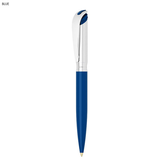A blue metal ball pen with a sleek design and a silver clip. Features a branding logo on the body.