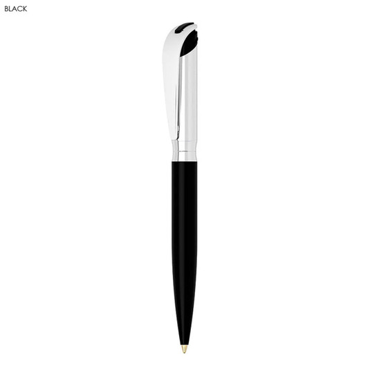 A black metal ball pen with a silver clip and trim. It features a sleek design and branding.