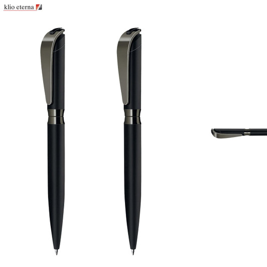 A set of black metal pens with a sleek design and a silver clip. The image includes a logo.