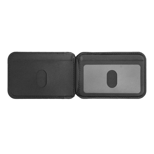 A black magnetic wallet with a built-in phone stand, featuring an inner section for cards.