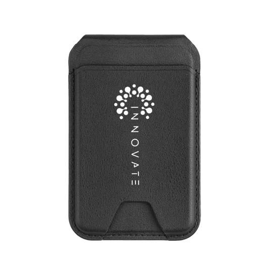 A black magnetic wallet with a phone stand, featuring a logo on the front.