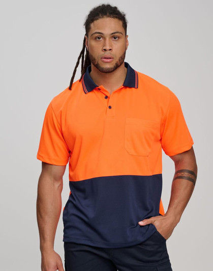 Hi-Vis cooldry safety polo shirts in bright yellow and navy, featuring a pocket and a logo, worn by two models.