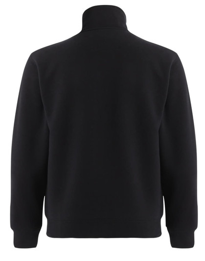 A black half-zip collar fleecy sweatshirt featuring a simple design and long sleeves, with a logo on the back.