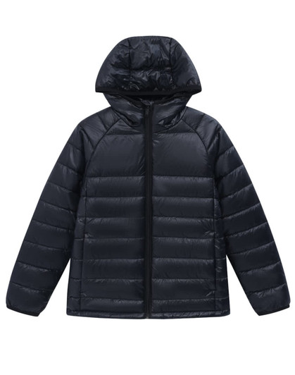 A black, lightweight hooded puffer jacket with a zip front and quilted design. It features a logo on the garment.