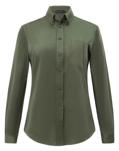 A green ladies' smart casual long-sleeve cotton blend shirt featuring a button-up front and a chest pocket.