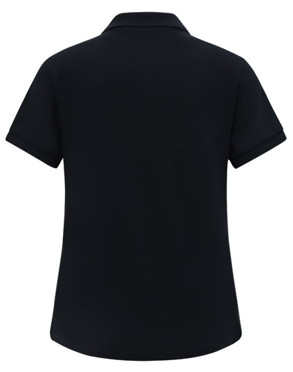 A black ladies' classic cotton/poly pique short-sleeve polo, featuring a collar and a logo.