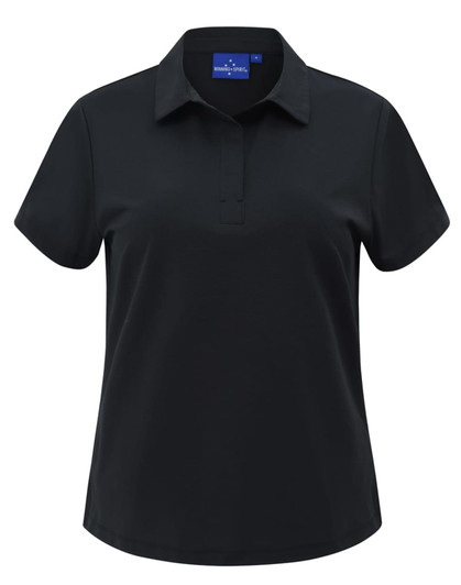 A black ladies' polo shirt with a stand-up collar, short sleeves, and a logo on the chest area.