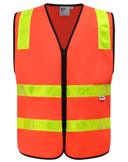 An orange safety vest featuring reflective yellow strips and a zipper front. It has a logo on the front.