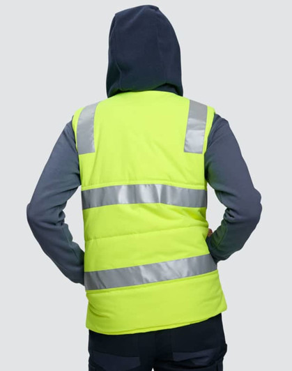 A unisex hi-vis hooded puffer vest in fluorescent yellow with grey sleeves and reflective stripes.