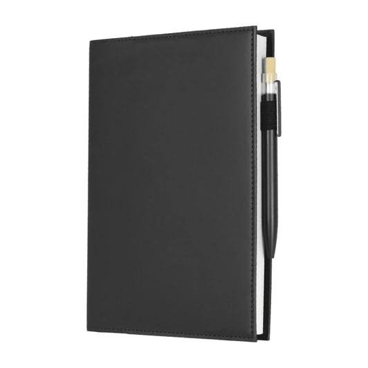 A black leather refillable journal with a pen attached, featuring a smooth cover and visible stitching.