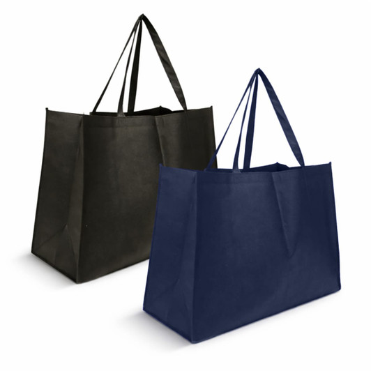 A black and navy non-woven shopper bag, featuring dual handles and a simple design. Logo visible on the bags.