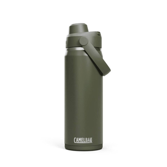 A drink bottle in olive green with a secure lid and a carry handle. It features a logo on the body.