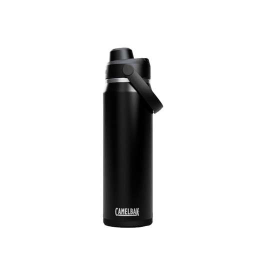 A drink bottle in matte black with a silver band and a handle, featuring a logo.